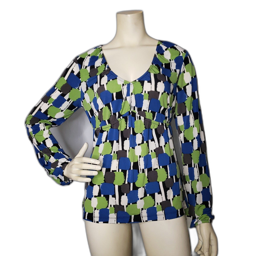 WORTHINGTON Geometric Print Blue Green V Neck Blouse Womens Size Medium